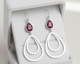Pink Ruby Sterling Silver Charms Double Teardrop Earrings: Elegant Dangle & Drop Earrings Jewelry