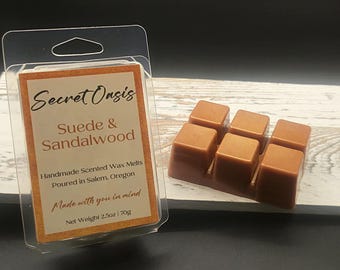 Suede & Sandalwood Wax Melts | 2.5oz Clamshell | Masculine Home Fragrance | Handcrafted Soy Blend Wax Tarts | Long-Lasting Cozy Scent