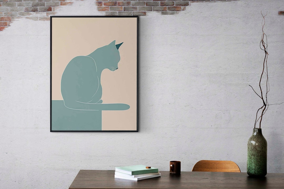 Minimalist Cat Wall Art Digital Print, Blue, Cozy Home Decor, Art