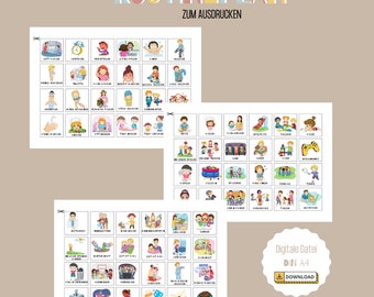 May include: A printable routine chart for kids with colorful illustrations of daily activities. The chart includes activities like taking a bath, brushing teeth, eating breakfast, playing with toys, and going to bed. The chart is labeled "Routine Plan" and "Zum Ausdrucken" (German for "For Printing").