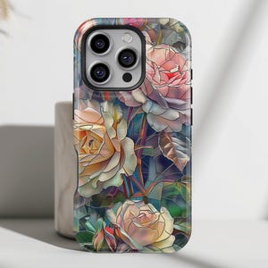 iPhone-hoesje met elegant rozen-gebrandschilderd glas-mozaïekontwerp • Magsafe-telefoonhoesje • Voor iPhone 16, 15, 14, 13, 12, 11, XR, XS, Pro, Max, Mini