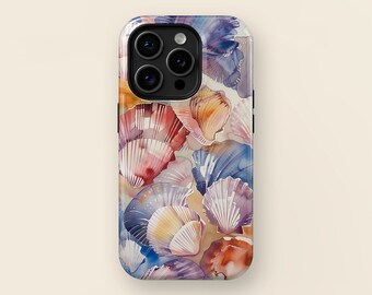 Beach Seashell Handyhülle • Aquarell Collage Design • Magsafe Handyhülle • Für iPhone 15, 14, 13, 12, 11, XR, XS, Pro, Max, Mini, Plus