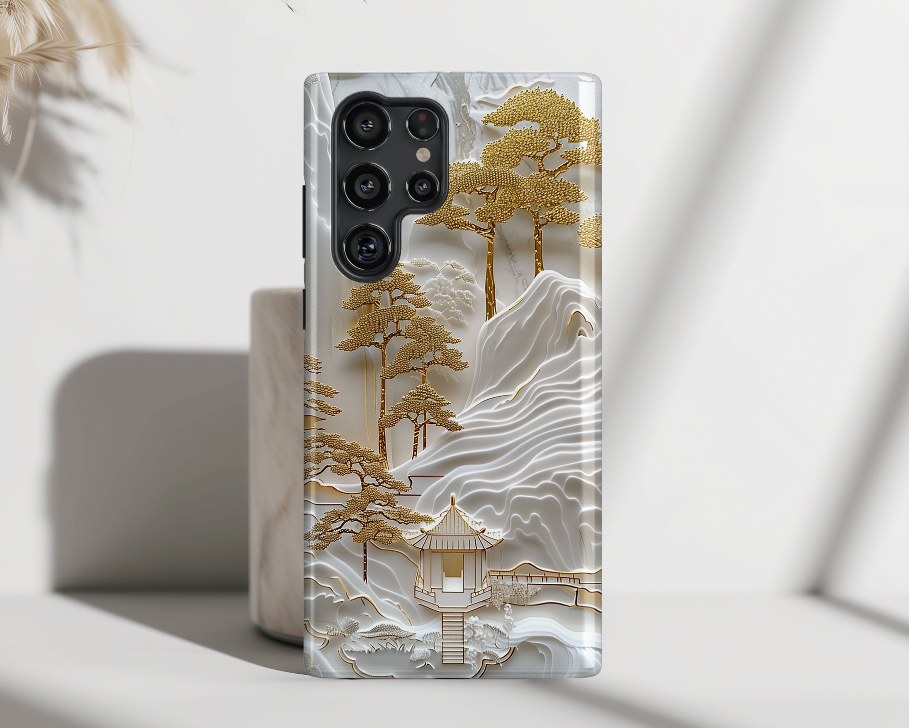 Samsung Phone Case with Golden 3D Effect Chinese Landscape Art Design for Galaxy S24, S23, S22, S21, S20 Plus, Ultra