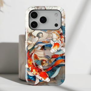 Koi Fish Stained Glass Design iPhone Case • Magsafe Compatible • For iPhone 17, 16, 15, 14, 13, 12, 11, XR, XS, Pro, Max, Air, Mini