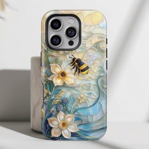 Bumblebee & Floral Stained Glass Art Design Phone Case • Magsafe Phone Case • Phone Cover For iPhone 16, 15, 14, 13, 12, 11, XS, Pro, Max