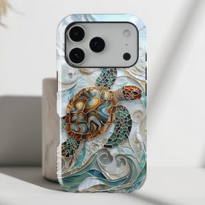 Sea Turtle Stained Glass Design iPhone Case • Magsafe Compatible • For iPhone 17, 16, 15, 14, 13, 12, 11, XR, XS, Pro, Max, Air, Mini