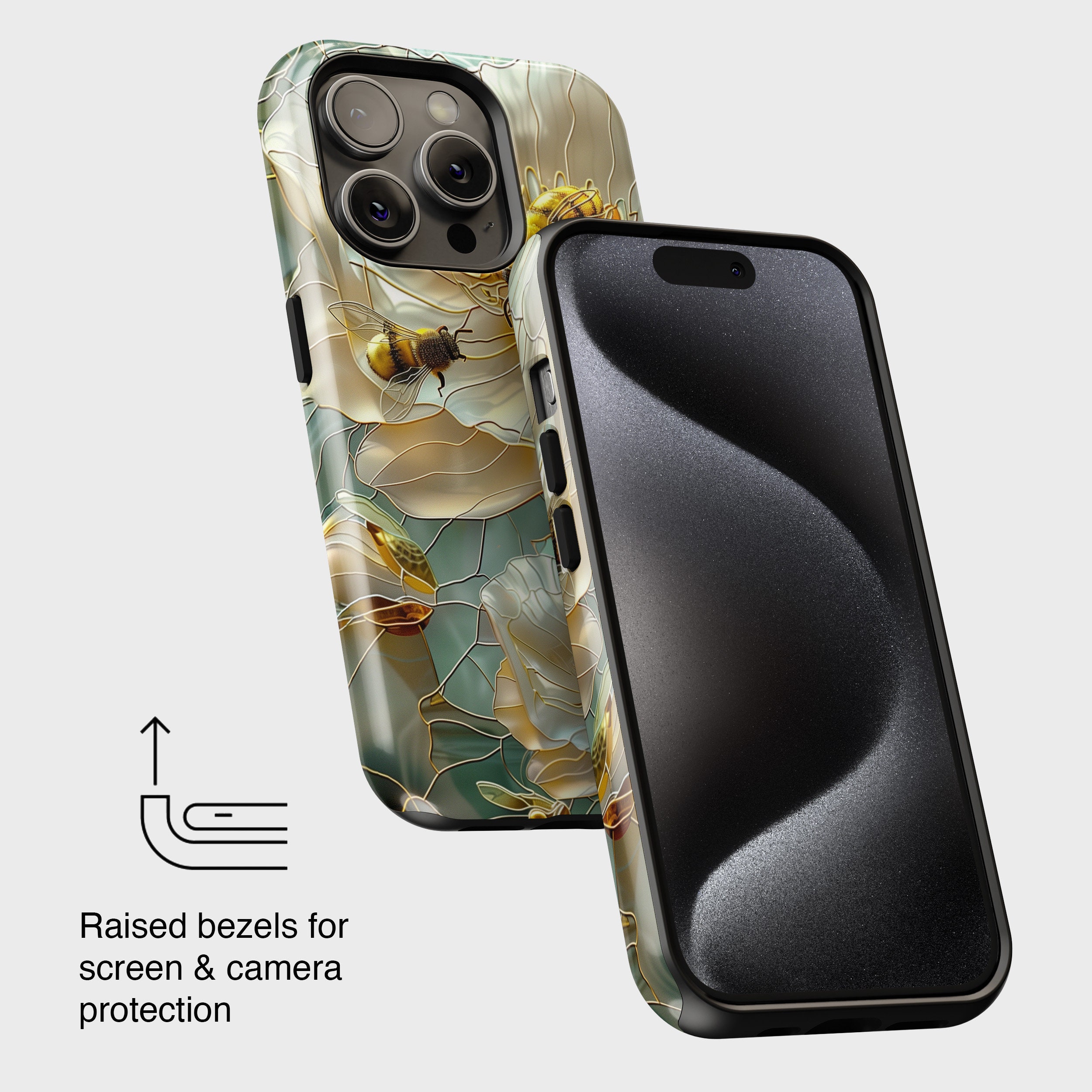 iPhone Case with Bees on Flower Stained Glass Design • Magsafe Phone Case • For iPhone 15, 14, 13, 12, 11, 8, XR, XS, Pro, Max, Mini, Plus