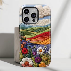 Flower Blooming Hills Embroidery Art Design Phone Case • Magsafe Phone Case • For iPhone 16, 15, 14, 13, 12, 11, XR, XS, Pro, Max