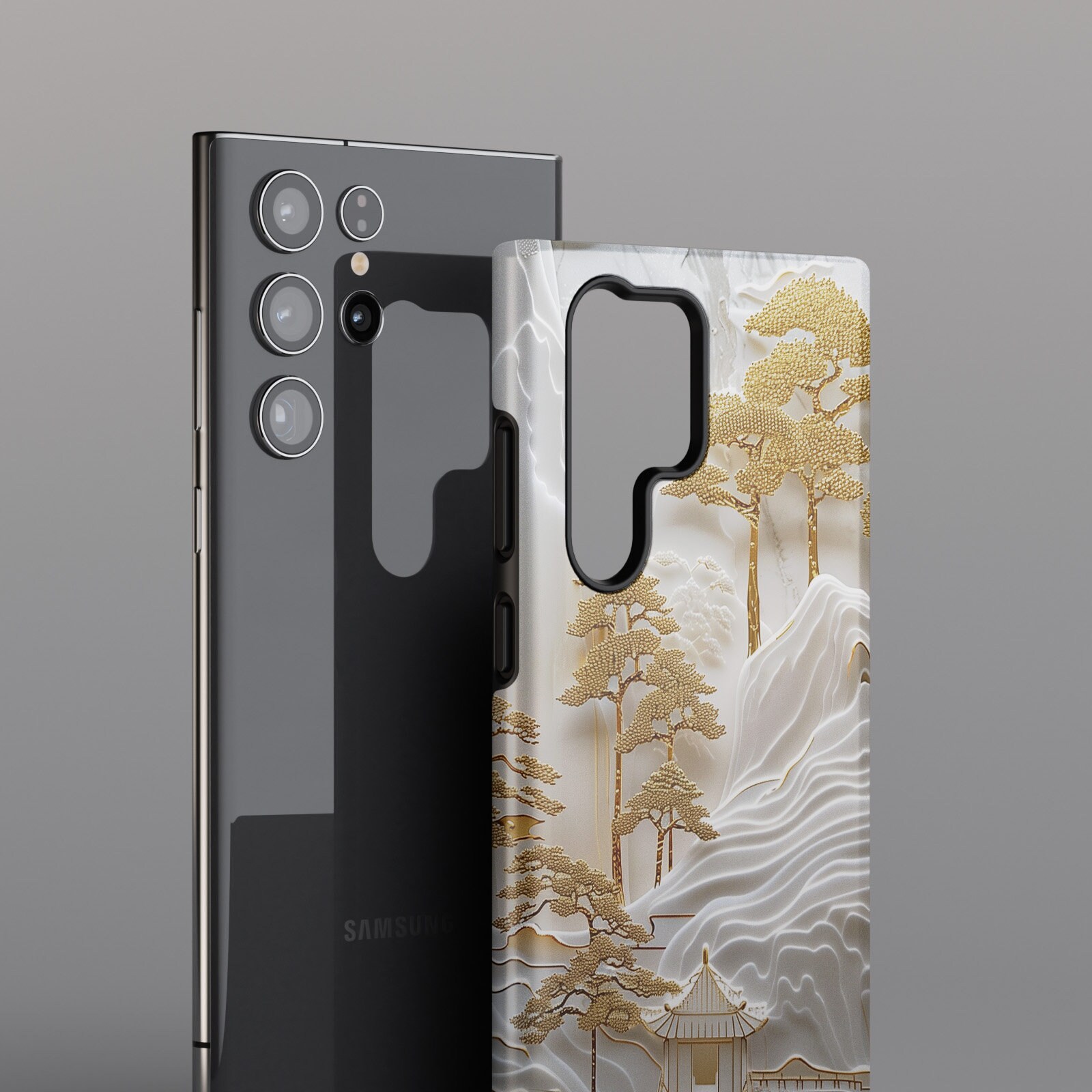 Samsung Phone Case with Golden 3D Effect Chinese Landscape Art Design for Galaxy S24, S23, S22, S21, S20 Plus, Ultra