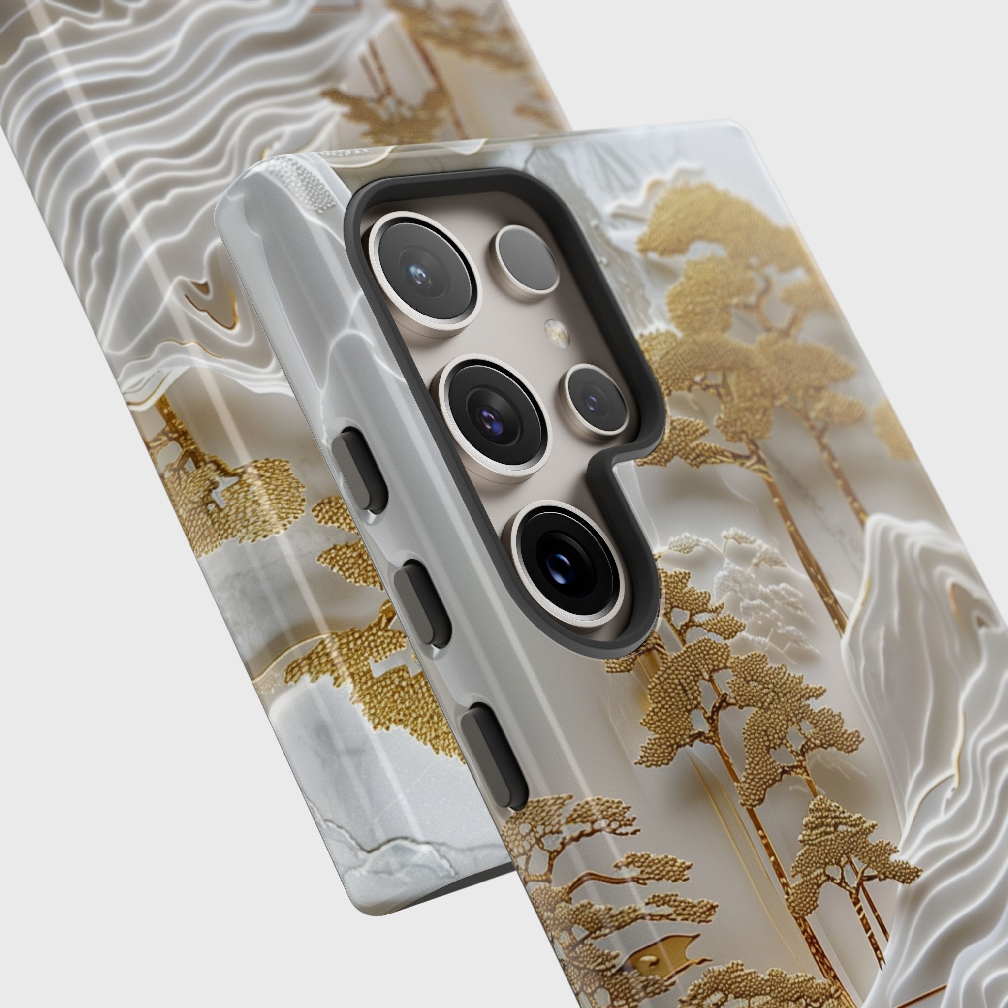 Samsung Phone Case with Golden 3D Effect Chinese Landscape Art Design for Galaxy S24, S23, S22, S21, S20 Plus, Ultra