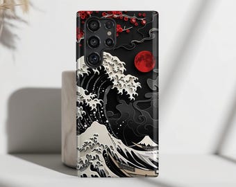 May include: Black phone case with a white wave design and a red moon. The case has a cut-out for the camera lens.