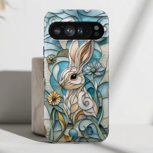 Phone Case with Bunny in the Garden Stained Glass Design, Cover For Google Pixel 9, 9 Pro, 9 Pro XL, 8, 8 Pro, 7, 6, 6 Pro, 5 5G