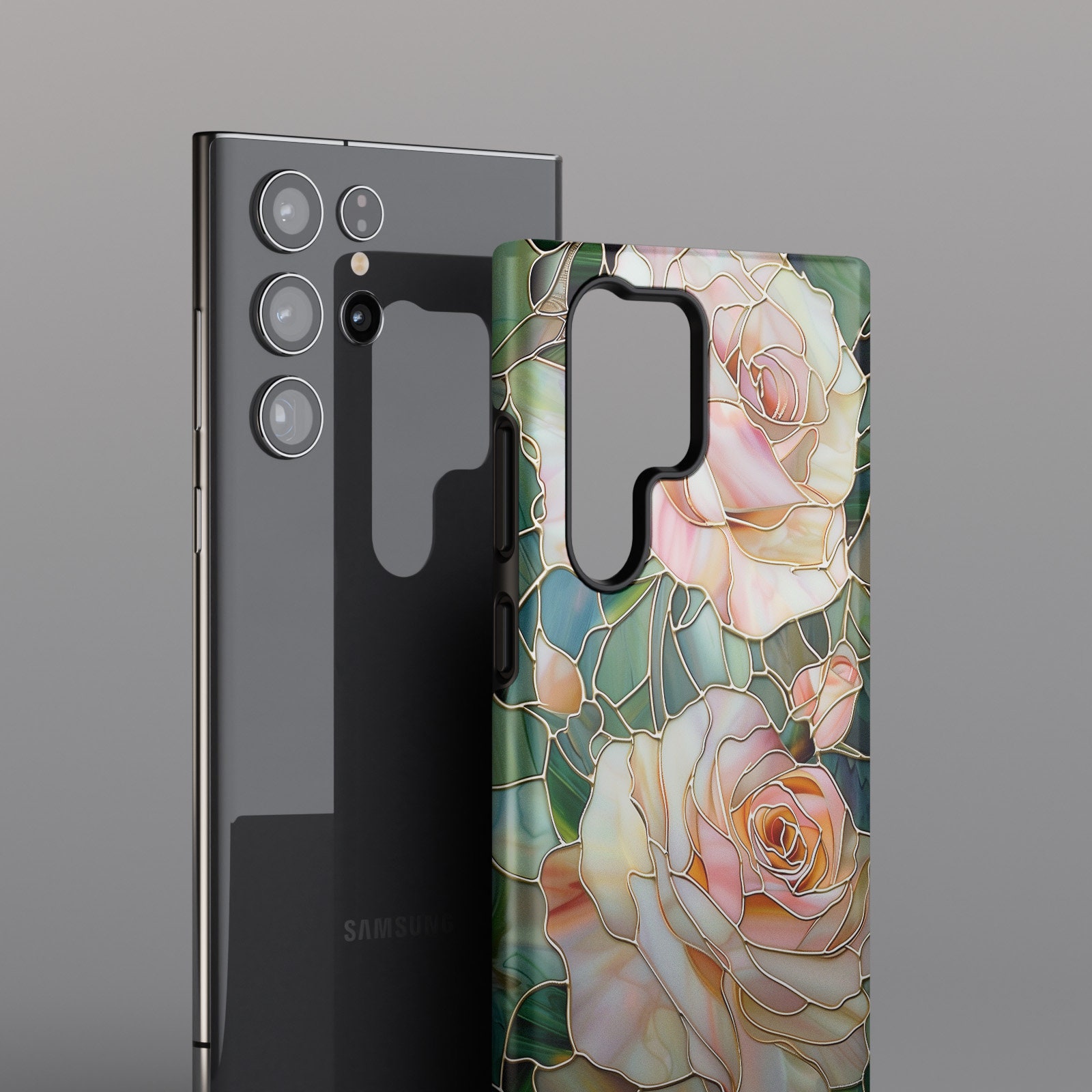 Roses Stained Glass Design Phone Case for Samsung Galaxy S24, S23, S22, S21, S20 Plus, Ultra, Flower Phone Case