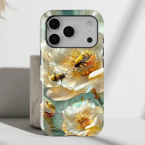 Bees on Flower Stained Glass Style iPhone Case • Magsafe Compatible • For iPhone 17, 16, 15, 14, 13, 12, 11, XR, XS, Pro, Max, Air, Mini