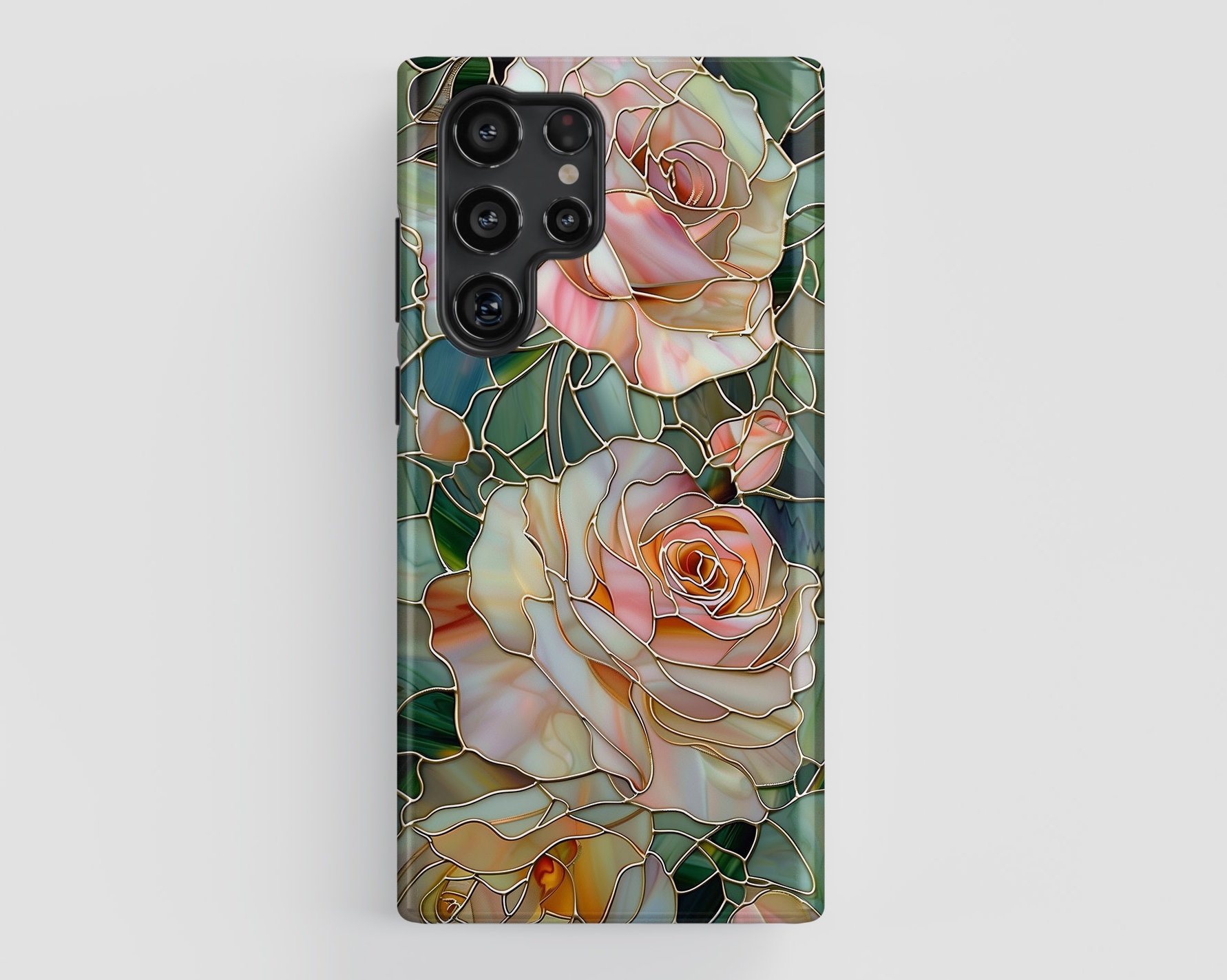 Roses Stained Glass Design Phone Case for Samsung Galaxy S24, S23, S22, S21, S20 Plus, Ultra, Flower Phone Case