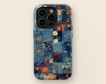 Blue Floral Quilt Patchwork Phone Case with Magsafe for iPhone 15, 14, 13, 12, 11, XR, XS, Pro, Max, Mini, Collage Flower iPhone Case