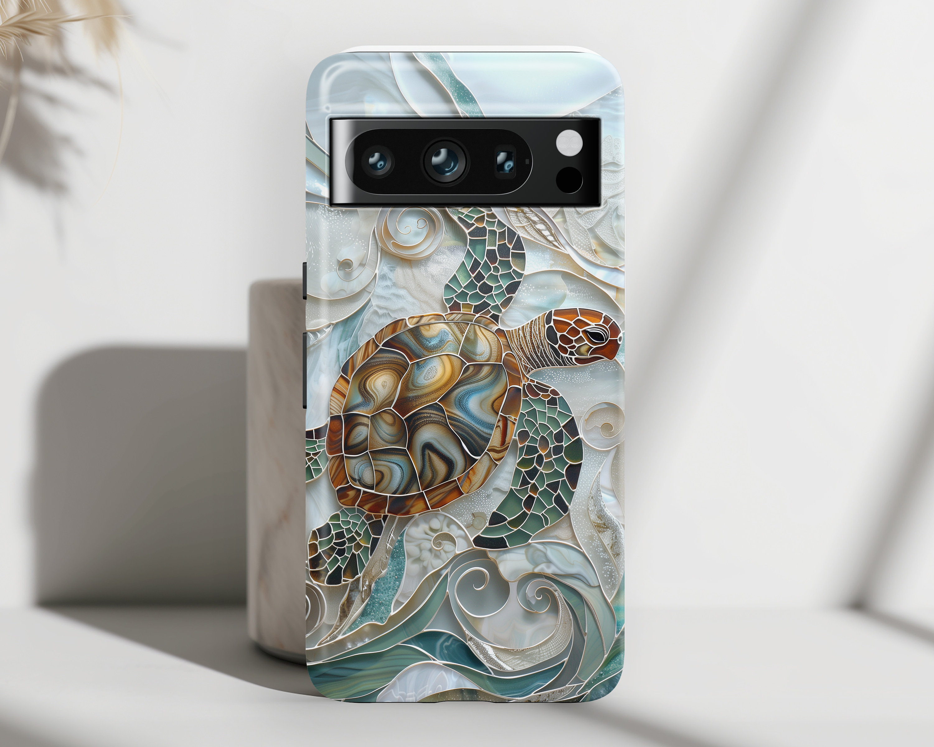 Google Pixel Phone Case with Turtle Stained Glass Mosaic Design, For Google Pixel 9, 9 Pro, 9 Pro XL, 8, 8 Pro, 7, 6, 6 Pro, 5 5G