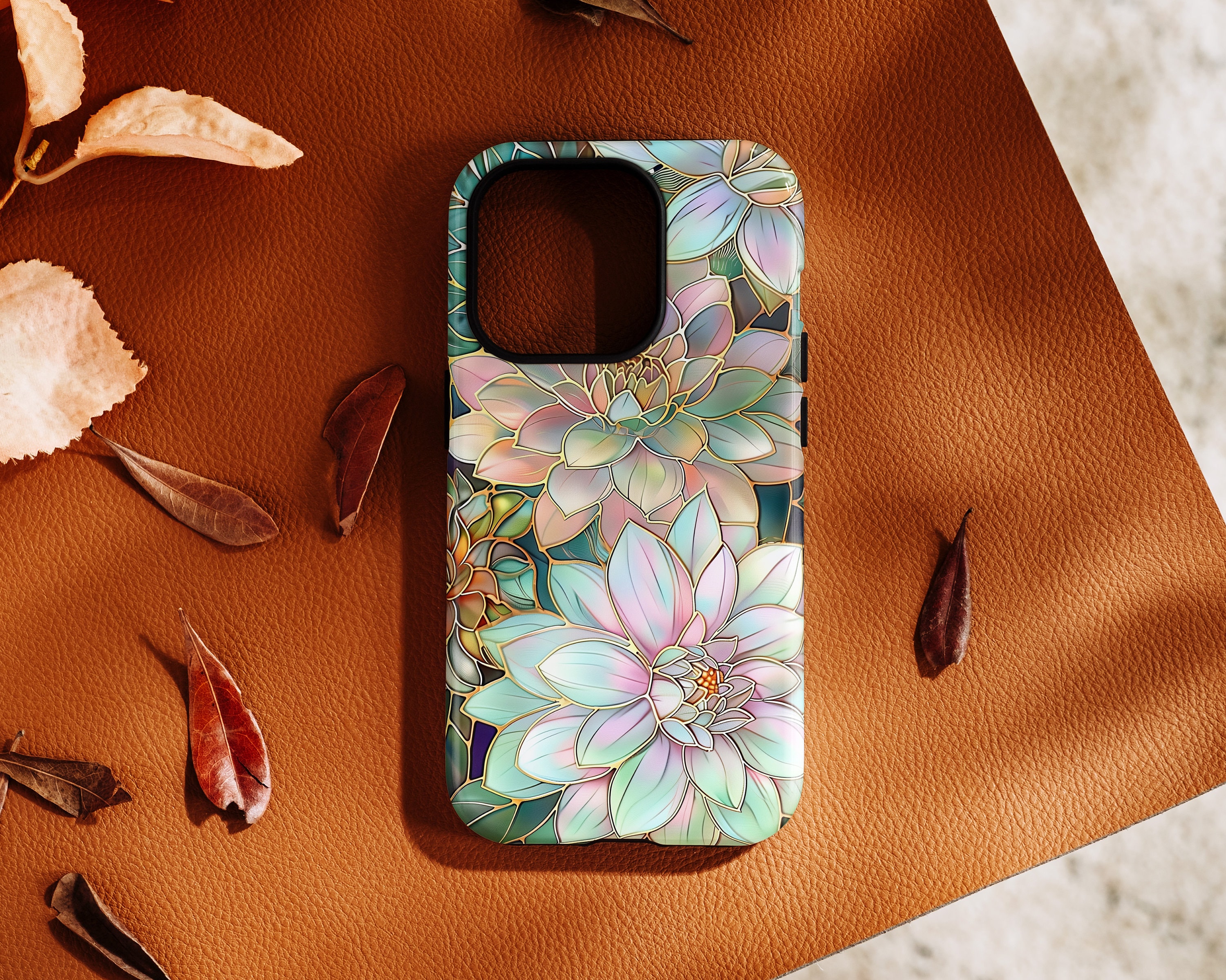 iPhone Case with Pastel Dahlia Flowers Stained Glass Design • Magsafe Phone Case • For iPhone 15, 14, 13, 12, 11, XR, XS, Pro, Max, Mini
