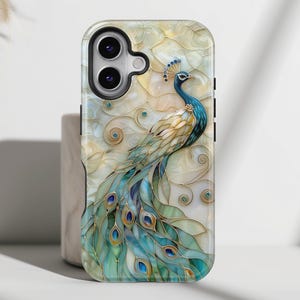 iPhone Case with Peacock Stained Glass Design Print with Magsafe for iPhone 16, 15, 14, 13, 12, 11, XR, XS, Pro, Max, Mini