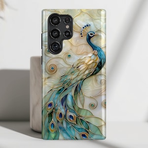Peacock Stained Glass Design Phone Case for Galaxy S25, S24, S23, S22, S21, S20 Plus, Ultra, Stained Glass Phone Case