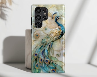 Funda de teléfono con diseño de vitral de pavo real para Samsung Galaxy S26, S25, S24, S23, S22, S21, S20 Plus y Ultra