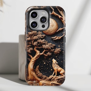 Howling Wolf Wooden Art Design Phone Case • Magsafe Phone Case • For iPhone 16, 15, 14, 13, 12, 11, XR, XS, Pro, Max