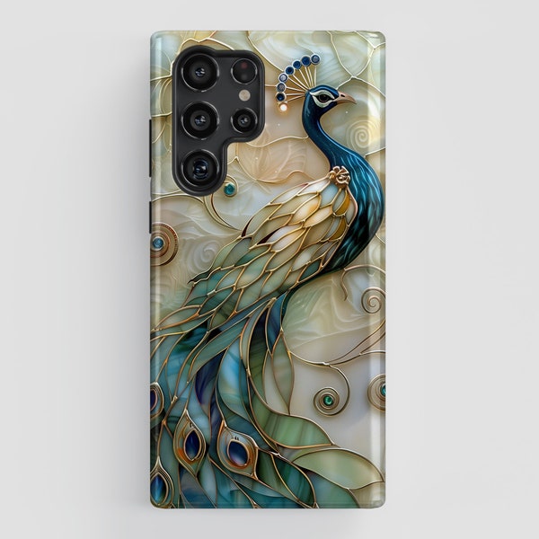 Peacock Stained Glass Design Phone Case for Samsung Galaxy S24, S23, S22, S21, S20 Plus, Ultra, Stained Glass Phone Case