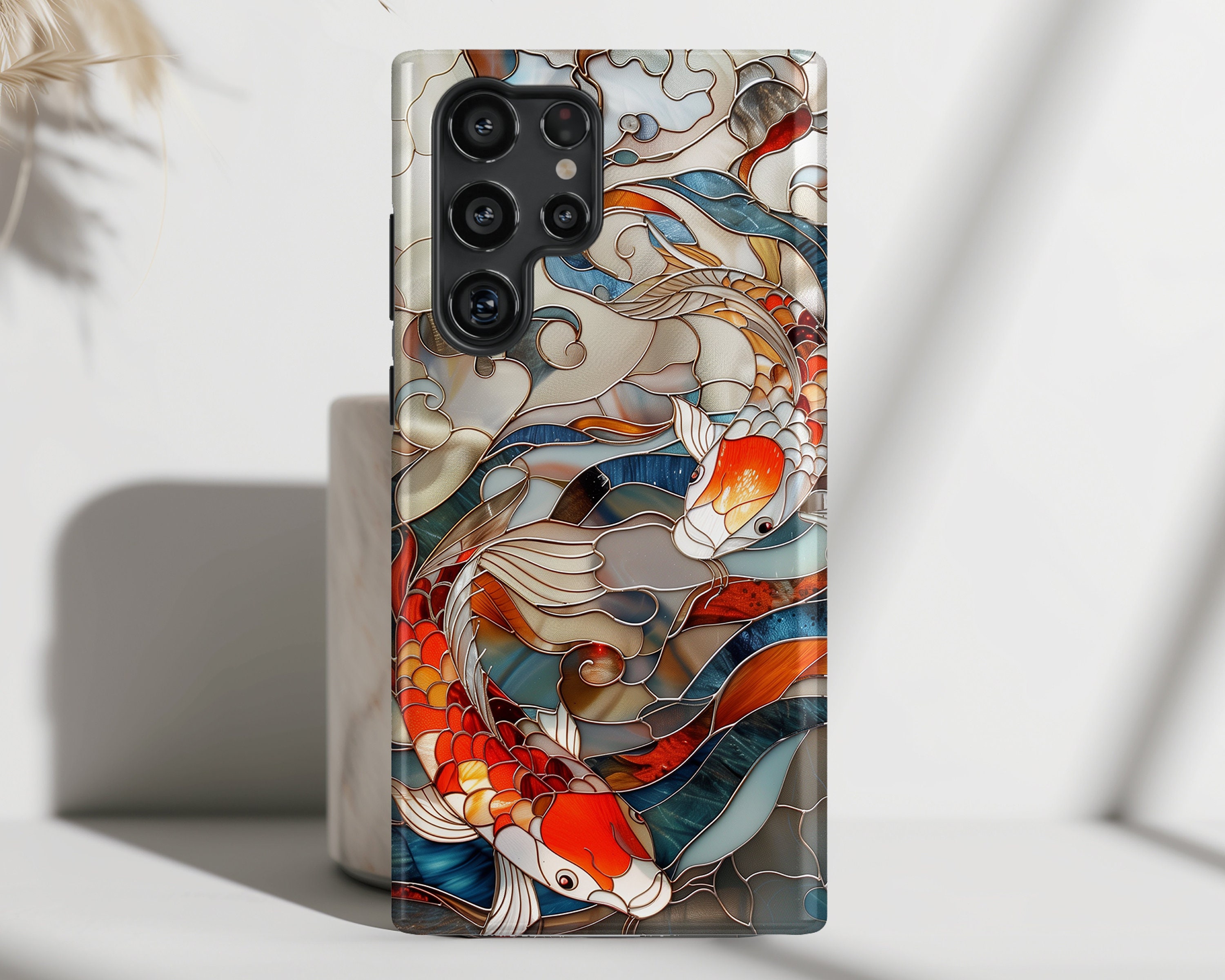 Samsung Phone Case with Koi Fish Stained Glass Design for Galaxy S24, S23, S22, S21, S20 Plus, Ultra