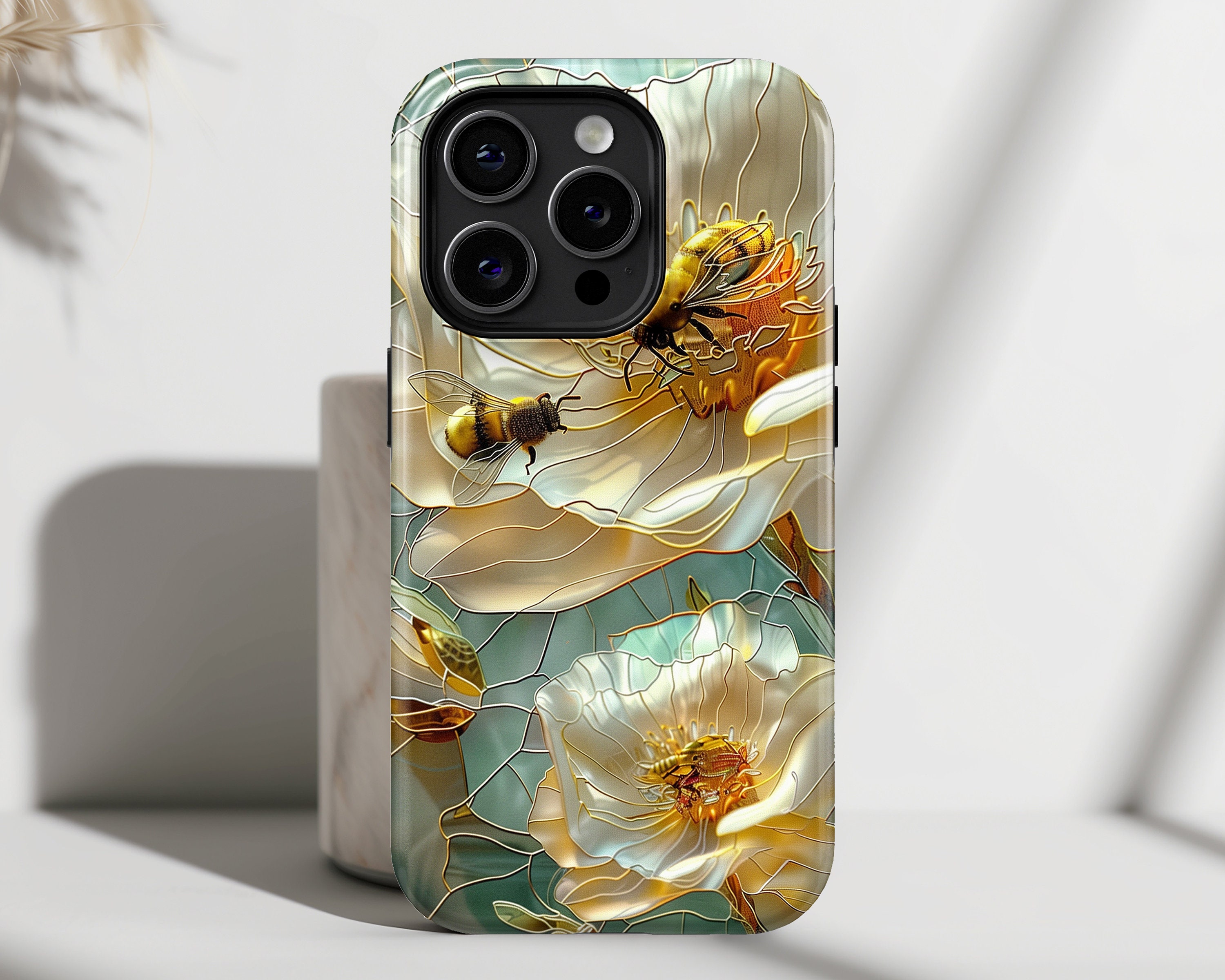 iPhone Case with Bees on Flower Stained Glass Design • Magsafe Phone Case • For iPhone 15, 14, 13, 12, 11, 8, XR, XS, Pro, Max, Mini, Plus