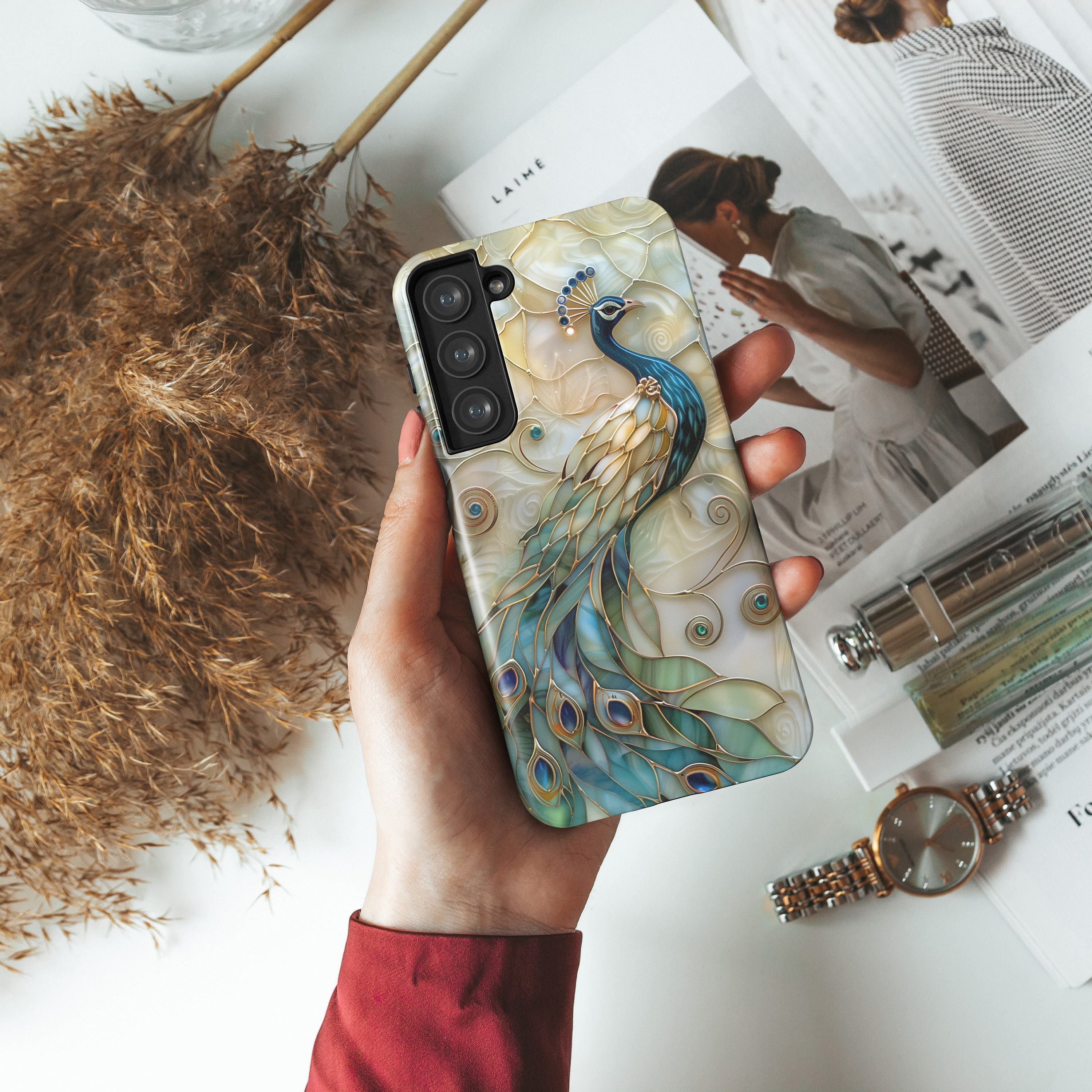 Peacock Stained Glass Design Phone Case for Samsung Galaxy S24, S23, S22, S21, S20 Plus, Ultra, Stained Glass Phone Case