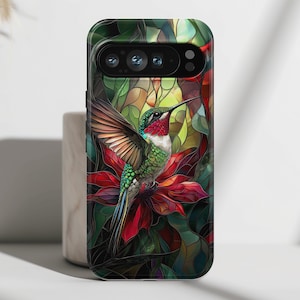 Google Pixel Phone Case with Hummingbird Stained Glass Illustration Design, For Google Pixel 9, 9 Pro, 9 Pro XL, 8, 8 Pro, 7, 6, 6 Pro, 5 5G
