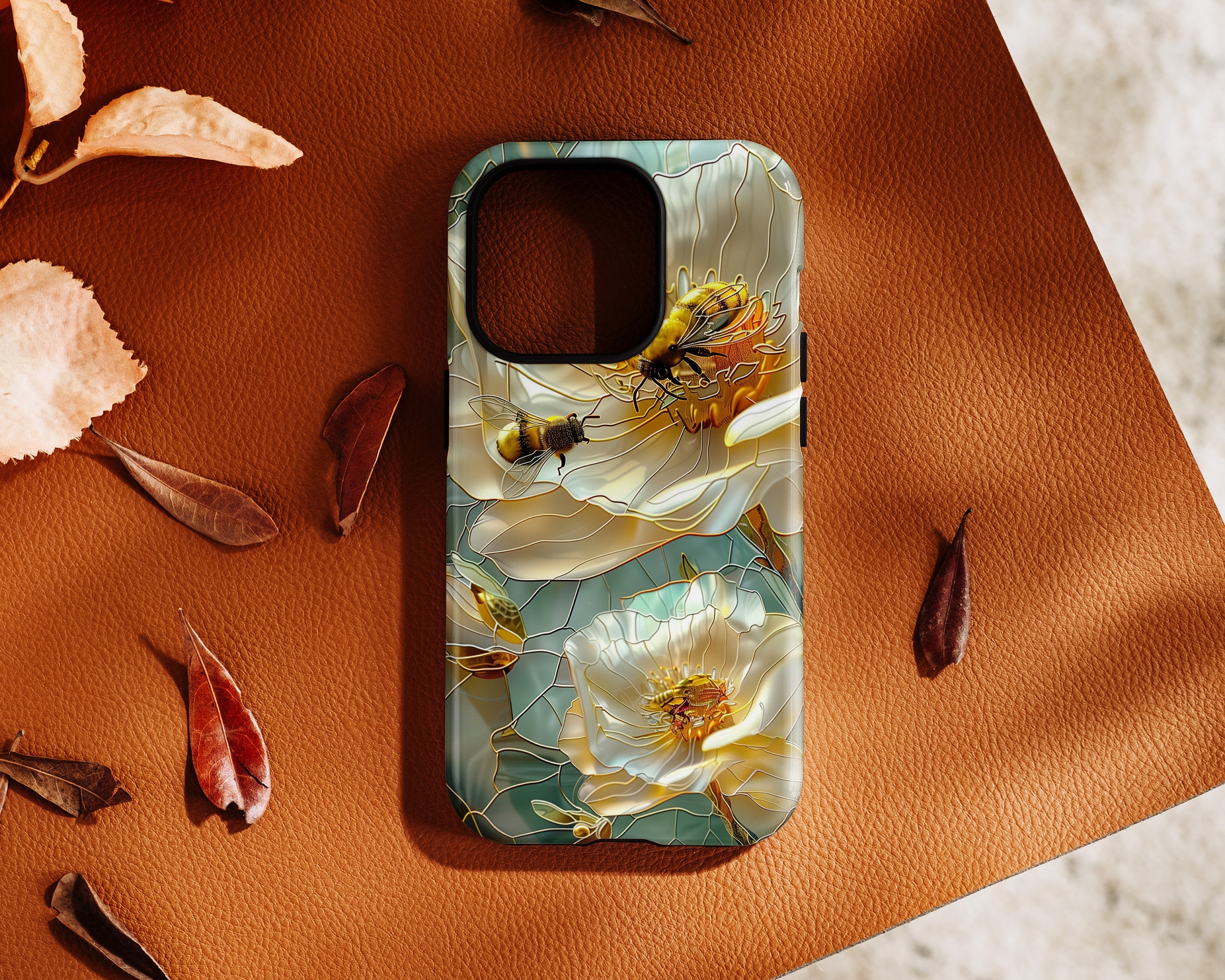 iPhone Case with Bees on Flower Stained Glass Design • Magsafe Phone Case • For iPhone 15, 14, 13, 12, 11, 8, XR, XS, Pro, Max, Mini, Plus