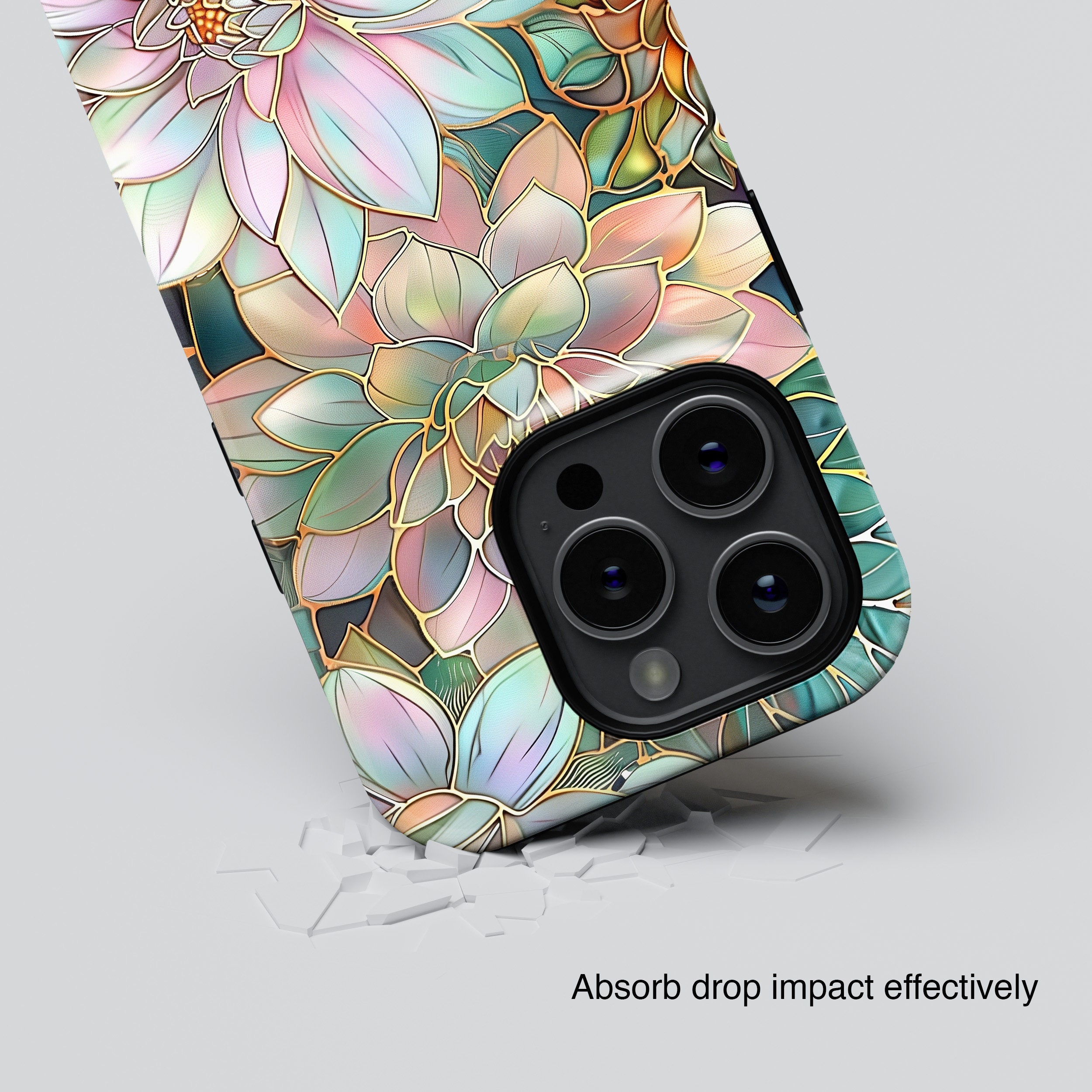 iPhone Case with Pastel Dahlia Flowers Stained Glass Design • Magsafe Phone Case • For iPhone 15, 14, 13, 12, 11, XR, XS, Pro, Max, Mini