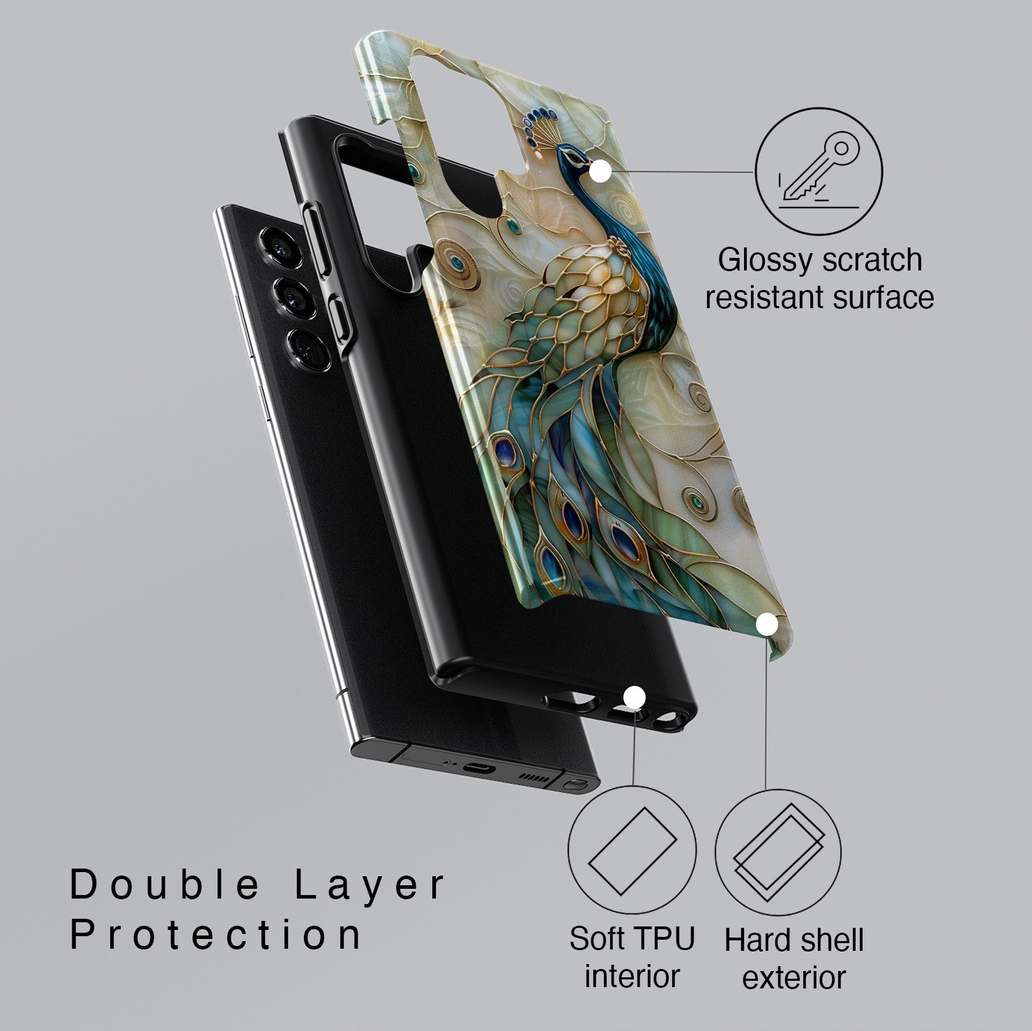 Peacock Stained Glass Design Phone Case for Samsung Galaxy S24, S23, S22, S21, S20 Plus, Ultra, Stained Glass Phone Case