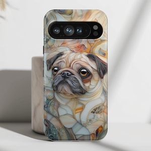 Phone Case with Pug Stained Glass Design, Cover For Google Pixel 9, 9 Pro, 9 Pro XL, 8, 8 Pro, 7, 6, 6 Pro, 5 5G, Dog Lovers Gift