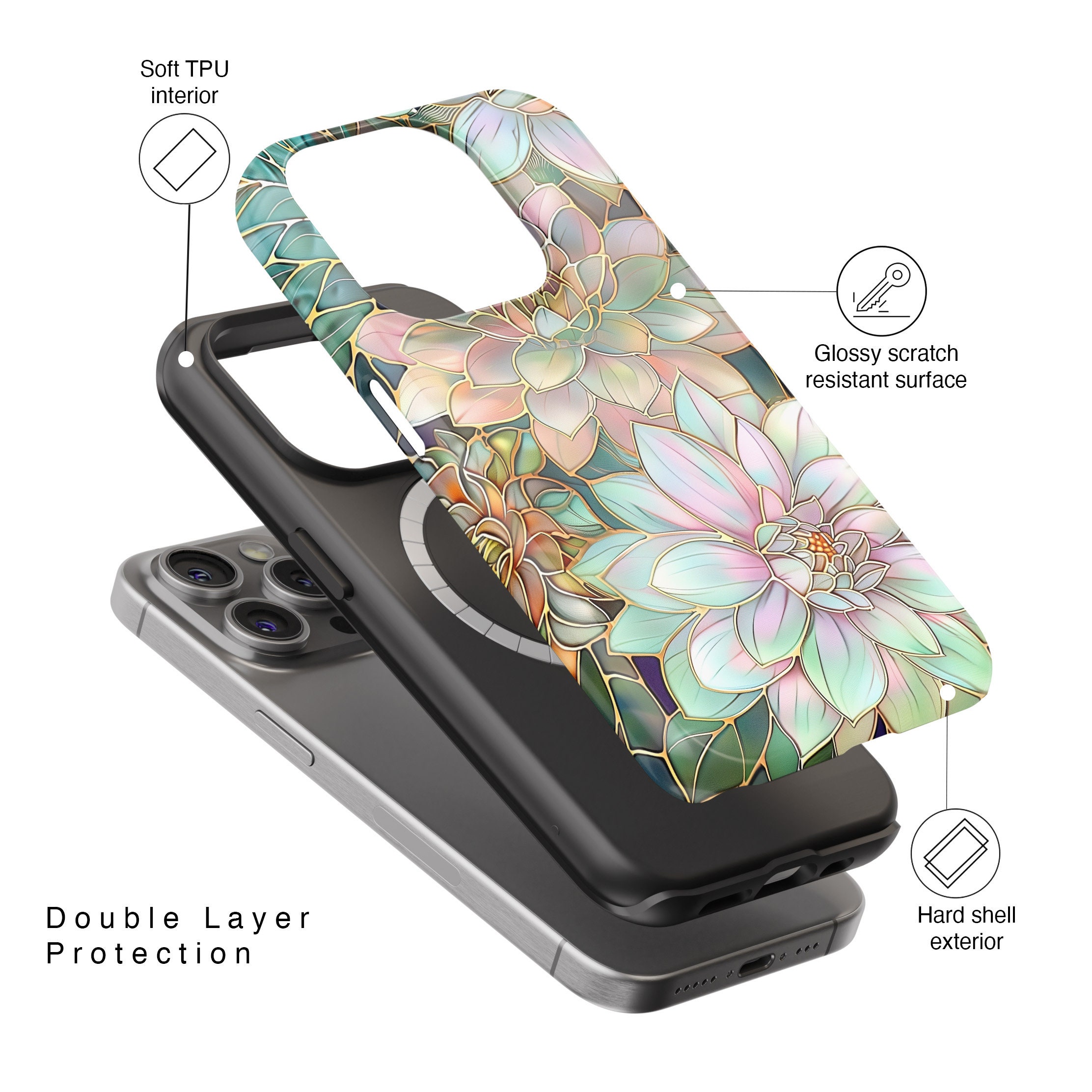 iPhone Case with Pastel Dahlia Flowers Stained Glass Design • Magsafe Phone Case • For iPhone 15, 14, 13, 12, 11, XR, XS, Pro, Max, Mini