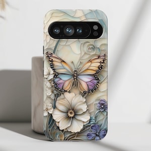 Phone Case with Elegant Butterfly & Flowers Stained Glass Design 2, Cover For Google Pixel 9, 9 Pro, 9 Pro XL, 8, 8 Pro, 7, 6, 6 Pro, 5 5G