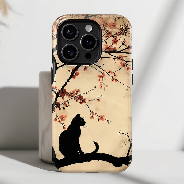 iPhone Case with Cat Silhouette under Cherry Blossom Design • Magsafe Phone Case • For iPhone 15, 14, 13, 12, 11, XR, XS, Pro, Max, Mini