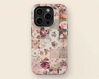 Pink Floral Quilt Patchwork Phone Case with Magsafe for iPhone 15, 14, 13, 12, 11, XR, XS, Pro, Max, Mini, Collage Flower iPhone Case