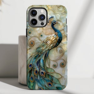 Coque de portable design en vitrail paon avec Magsafe pour iPhone 16, 15, 14, 13, 12, 11, XR, XS, Pro, Max, Mini, coque de portable vintage