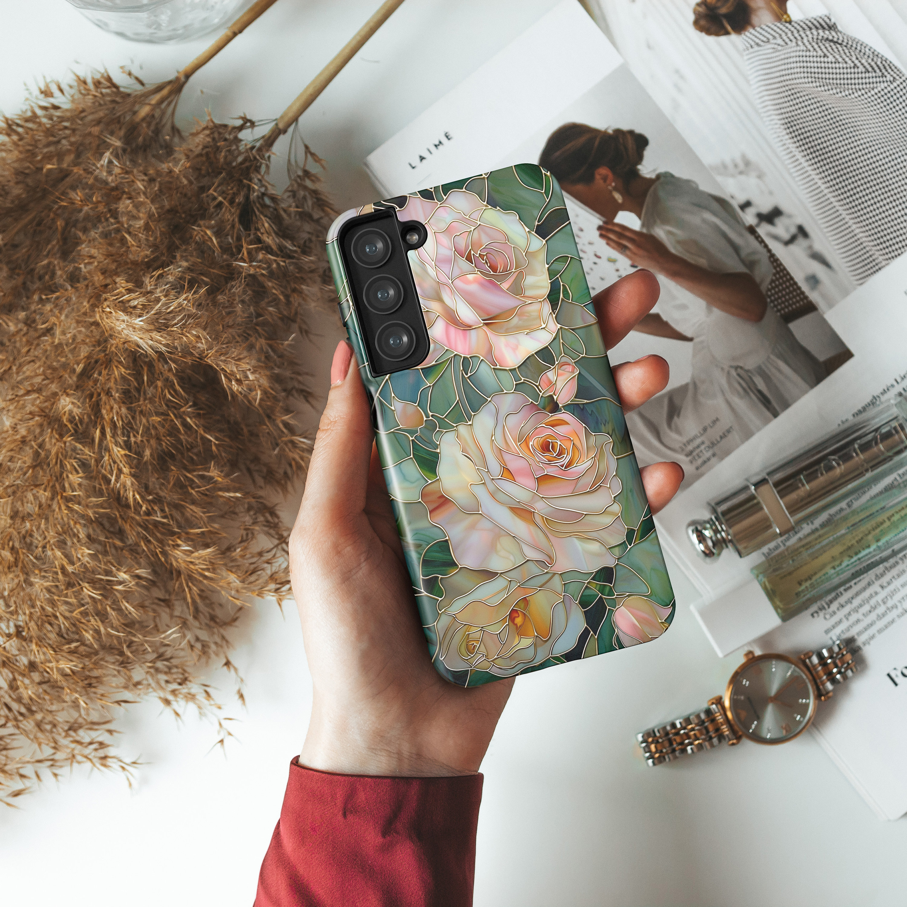 Roses Stained Glass Design Phone Case for Samsung Galaxy S24, S23, S22, S21, S20 Plus, Ultra, Flower Phone Case