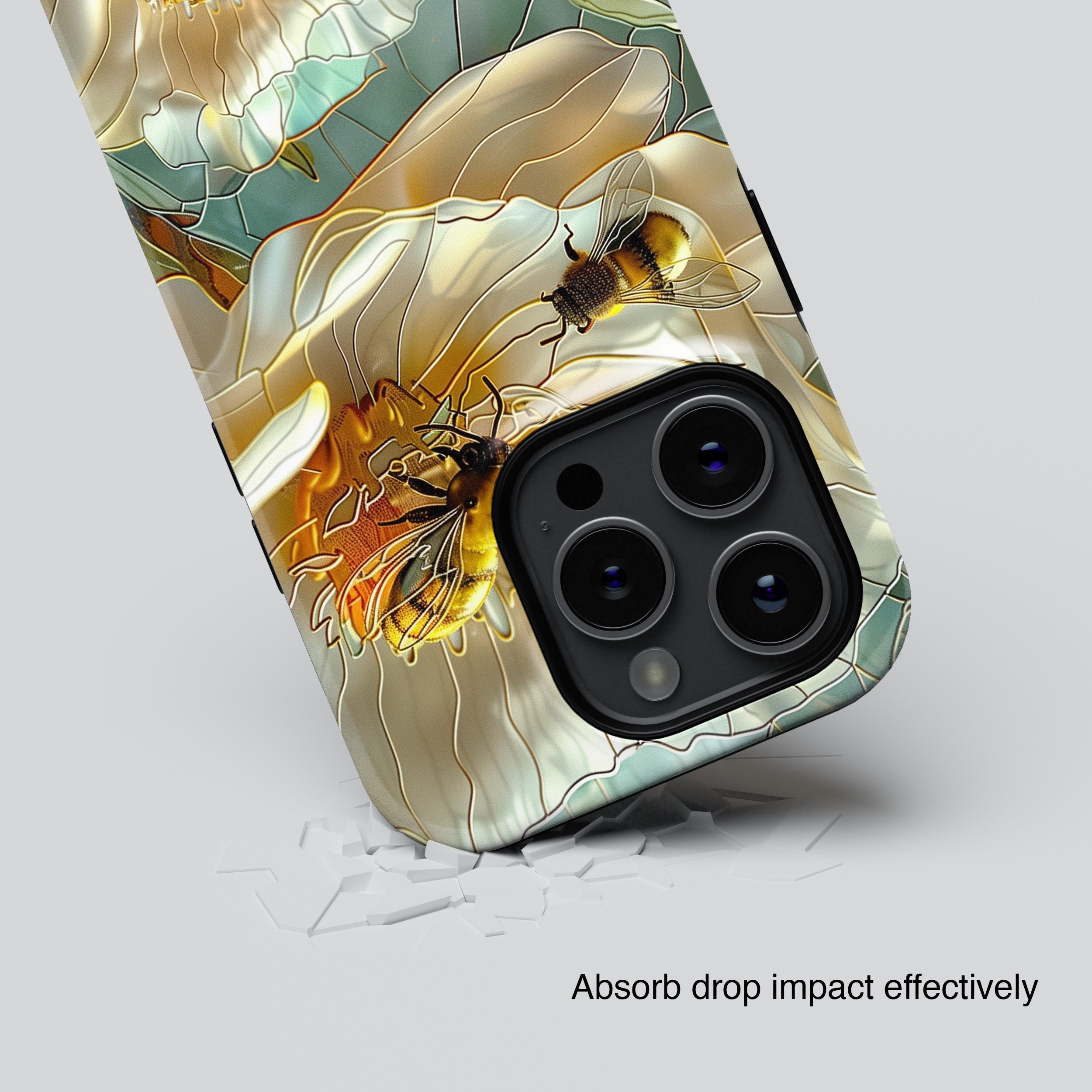 iPhone Case with Bees on Flower Stained Glass Design • Magsafe Phone Case • For iPhone 15, 14, 13, 12, 11, 8, XR, XS, Pro, Max, Mini, Plus