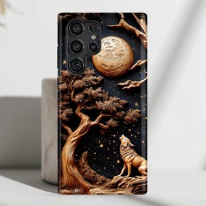 Howling Wolf Wooden Art Design Phone Case, Phone Covers for Galaxy S25, S24, S23, S22, S21, S20 Plus, Ultra