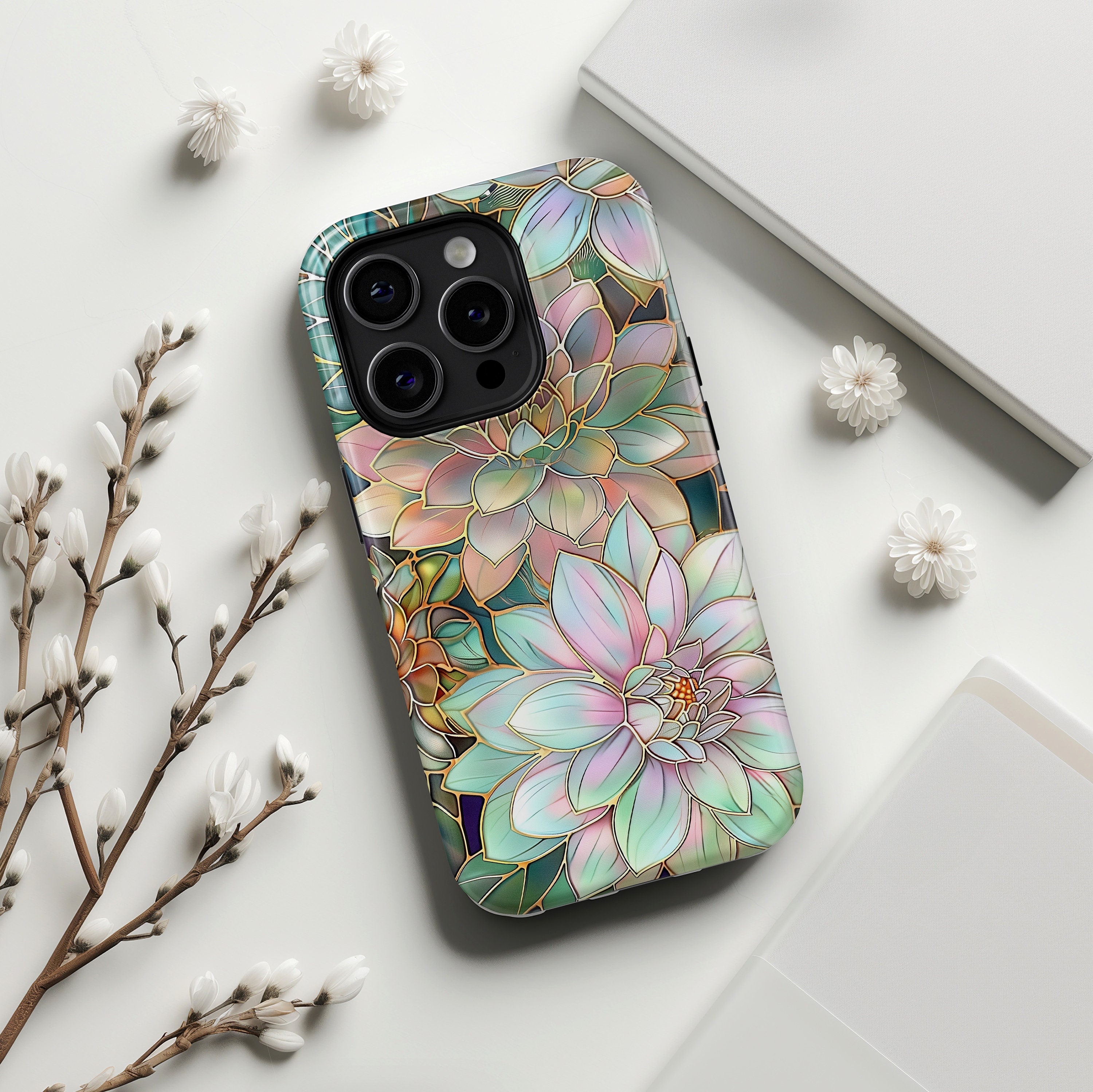 iPhone Case with Pastel Dahlia Flowers Stained Glass Design • Magsafe Phone Case • For iPhone 15, 14, 13, 12, 11, XR, XS, Pro, Max, Mini