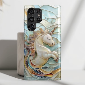Cute Unicorn Stained Glass Design Phone Case, Phone Covers for Galaxy S25, S24, S23, S22, S21, S20 Plus, Ultra
