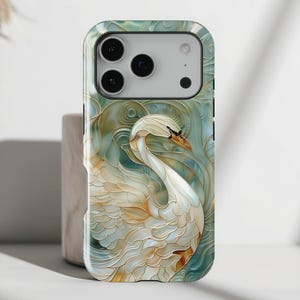 Swan Stained Glass Style iPhone Case • Magsafe Compatible • For iPhone 17, 16, 15, 14, 13, 12, 11, XR, XS, Pro, Max, Air, Mini