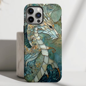 Dragon Stained Glass Mosaic Design Phone Case with Magsafe for iPhone 16, 15, 14, 13, 12, 11, XR, XS, Pro, Max, Mini, Dragon Lover Gift
