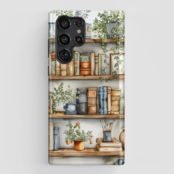 Cottagecore Bookshelf Illustration Phone Case, Samsung Phone Case for Galaxy S24, S23, S22, S21 Plus, Ultra, Book lover Gift