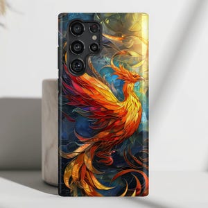 Phone Case with Mythical Phoenix Stained Glass Design for Galaxy S25, S24, S23, S22, S21, S20 Plus, Ultra