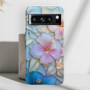 Phone Case with Pastel Hibiscus Stained Glass Design, Phone Cover For Google Pixel 9, 9 Pro, 9 Pro XL, 8, 8 Pro, 7, 6, 6 Pro, 5 5G